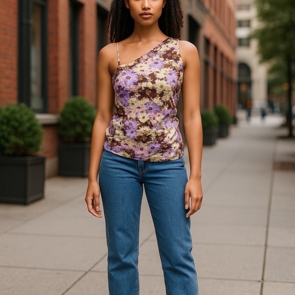 Elegant Floral One-Shoulder Blouse - Purple and Brown